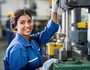 Fototapeta premium technicienne en usine sur grosse machine hydraulique en ia