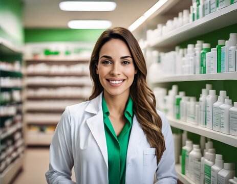 vendeuse en parapharmacie ou pharmacie avec une blouse blanche et verte en ia