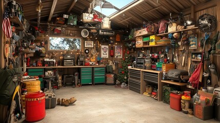 Naklejka premium A garage with a large storage loft filled with seasonal items like holiday decorations and camping gear