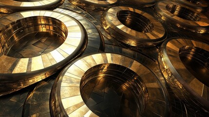 Obraz premium A complex mosaic of interlocking circular patterns in varying shades of gold and bronze, with reflective surfaces catching ambient light. The rings create a hypnotic depth.