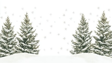 Fototapeta premium Snowy winter scene with pine trees and falling snowflakes on a white background