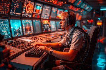 Focused individual in control tower monitors screens at sunset, highlighting air traffic precision