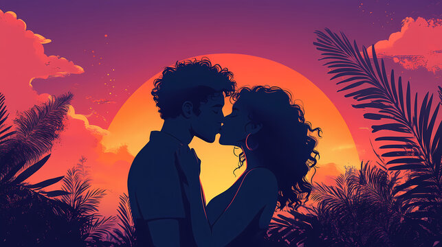 Couple silhouette sharing kiss against sunset. love, valentine, romance, romantice. Romantic. Illustration