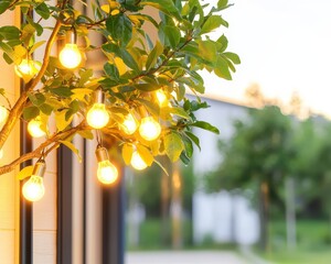 A warm ambiance created by glowing lights among fresh greenery at sunset.