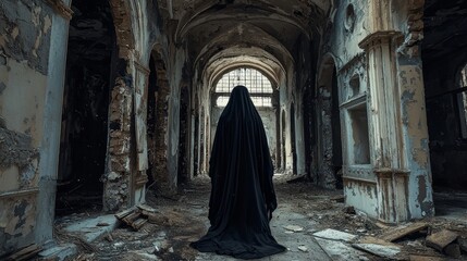 Naklejka premium deserted vintage castle spectral widow cloaked black dress and veil glides silently embodying eerie essence Halloween decayed atmosphere.
