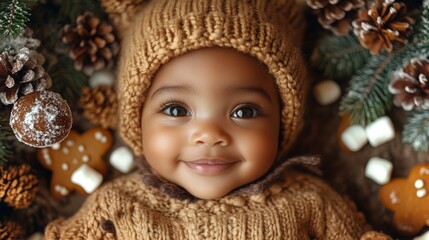 Happy African-American baby in a cozy hat surrounded by pinecones and holiday treats