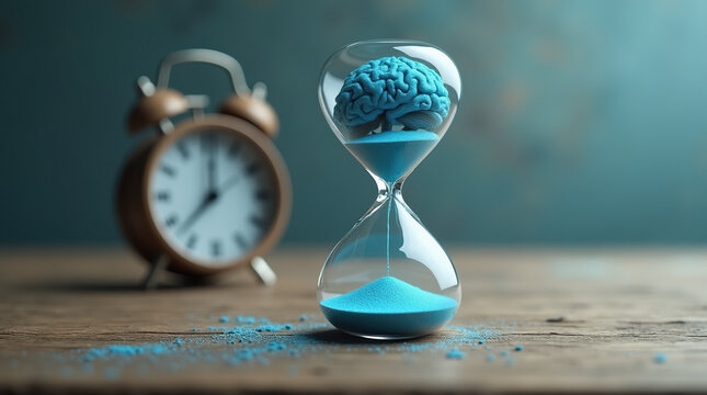 A surreal image of an hourglass with a thin layer of blue sand flowing down its surface. The brain is floating inside the upper chamber of the hourglass.