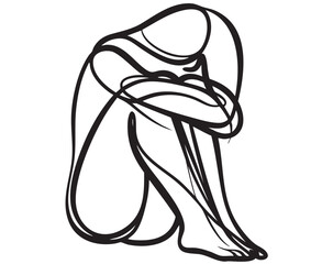 Abstract sad woman wrapped her arms around her knees. Sketch