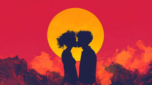 Couple silhouette sharing kiss against sunset. love, valentine, romance, romantice. Romantic. Illustration