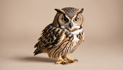 Obraz premium A brown and black owl with large yellow eyes sits against a pale background
