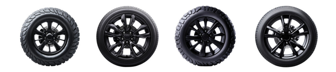 Obraz premium Black automobile tires collection isolated on transparent background, PNG. Clipart template 