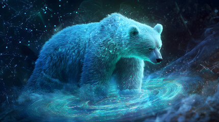 Virtual vision quest, digital spirit bears, tesseract medicine circle, nano-particle fog, quantum aurora lighting