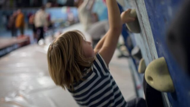 6-year-old boy engaged in bouldering on a vibrant indoor climbing wall. Focused and agile, he skillfully navigates colorful holds, showcasing balance and technique