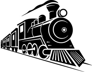 Stylized black and white vector illustration of a classic steam locomotive, ideal for transportation themes or retro designs.