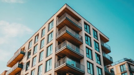 Obraz premium Modern Apartment Building Against Clear Blue Sky