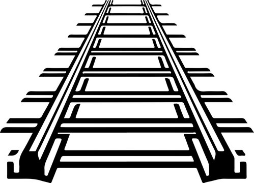 Vector illustration of a monochrome train track, showcasing parallel rails and wooden ties, ideal for transportation designs.
