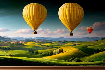Fototapeta premium Vibrant Mural of Hot Air Balloons, a colorful depiction of whimsical balloons soaring against a bright sky, evoking a sense of adventure and freedom.