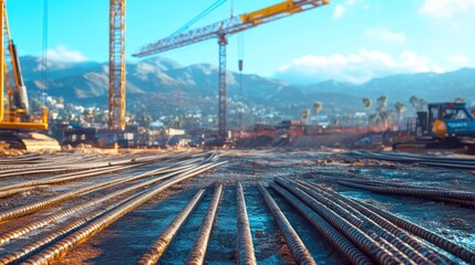 Fototapeta premium Construction site with rebar and machinery.