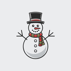 Vector illustration of a cheerful snowman with a top hat and colorful scarf, ideal for winter holiday designs and festive decorations.