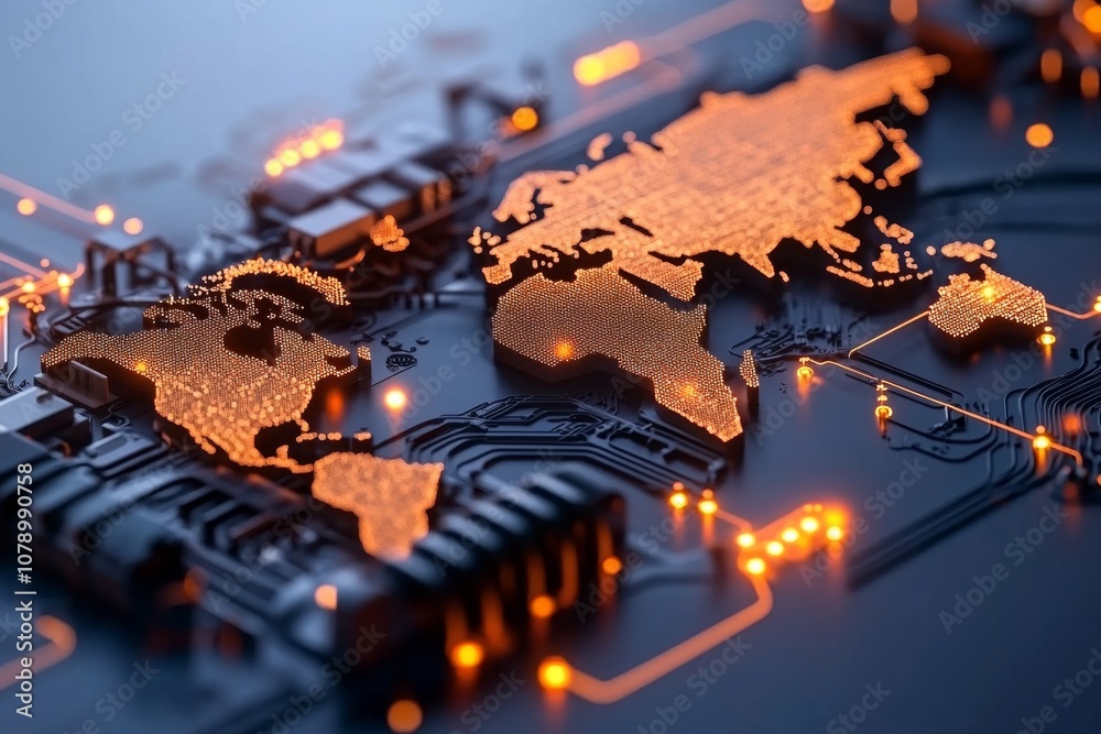 Poster 3d-rendered illustration of a network grid over a world map, showing high-tech, glowing connections