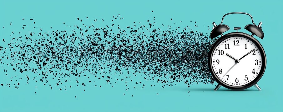 Creative clock exploding into particles on a turquoise background.