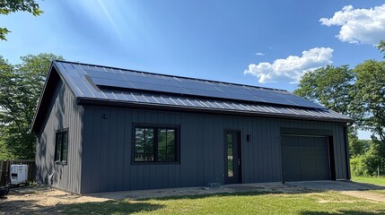 Fototapeta premium Modern House with Solar Panels Under Blue Sky