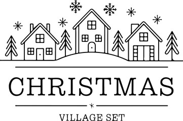 Fototapeta premium Minimalist Christmas Village Scene: Black and white vector illustration of cozy houses and snowflakes, perfect for holiday decorations.