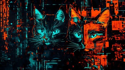 Obraz premium Intricate cyberpunk-themed background with a cat motif, illuminated in bright neon tones, surrounded by mechanical gears and glowing wires