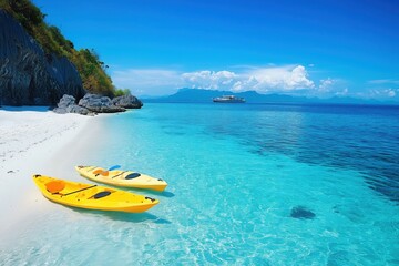 Two yellow kayaks are waiting on a beautiful white sand beach with crystal clear turquoise water, a yacht sailing in the distance, and a rocky cliff providing a scenic backdrop