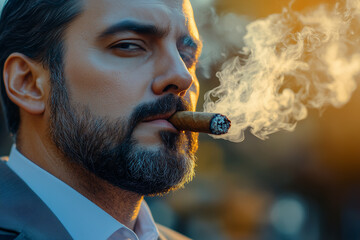 Fototapeta premium close up of a businessman smoke a cigar, representing wealth and intimidation