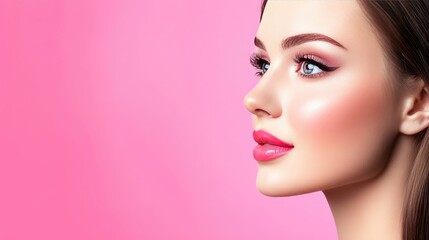 Fototapeta premium Elegant Profile of Woman with Pink Background