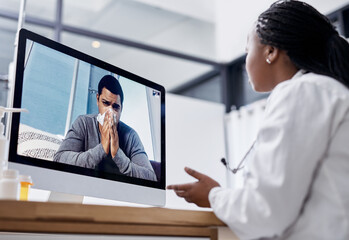 Woman, doctor and video call on computer screen in office with advice, diagnosis and medicine prescription. Patient, blow nose and webinar with medical service, healthcare instructions and treatment