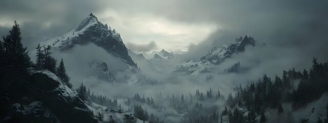A dark and gloomy mountain range, covered in snow with mist swirling around it