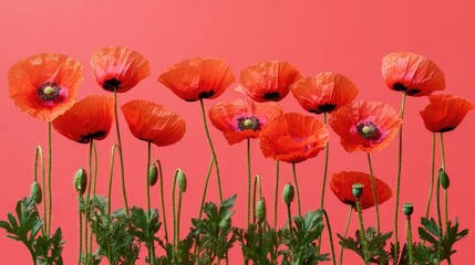 Fototapeta premium Vibrant Red Poppies Against Pink Background
