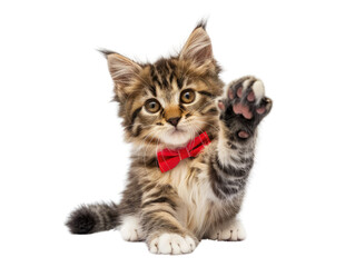 Obraz premium Adorable tabby cat with red bow tie raising paw on transparent background.