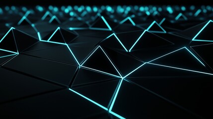 A futuristic black and neon blue triangular grid structure that extends into the horizon, exuding high-tech energy. Each triangle's surface shines with perfect lighting and sharp edges.