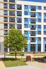 Modern apartment building with colorful facades on the outskirts of the city. Residential Complex 'In the forest', Moscow, Russia