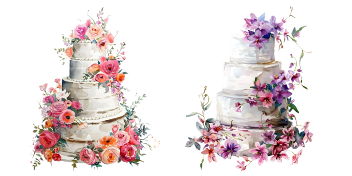 Two-tiered wedding cakes with vibrant floral decorations - Powered by Adobe
