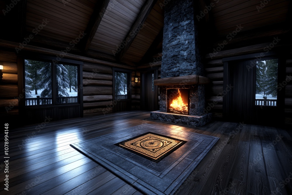 Poster A digital 3D illustration of a rustic cabin fireplace with logs and a flickering flame, creating a cozy feel