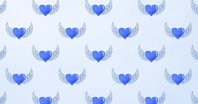 Hand drawn pattern heart with wings royal blue background
