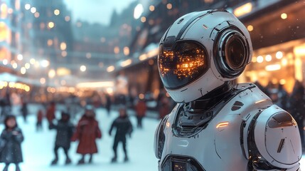 Fototapeta premium An android stands confidently at the center of a bustling ice rink during a winter event