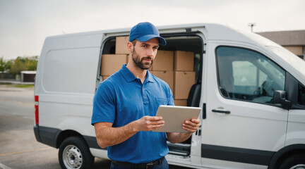 A delivery driver checks his tablet while standing next to his van
