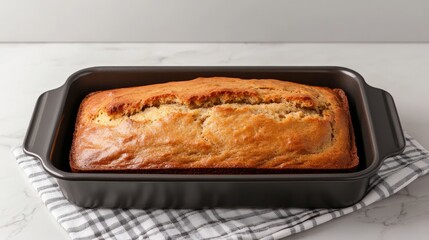 A shot of a freshly baked banana bread in a rectangular mold, natural light from the side casting soft shadows and highlights on the bread surface, Photorealistic