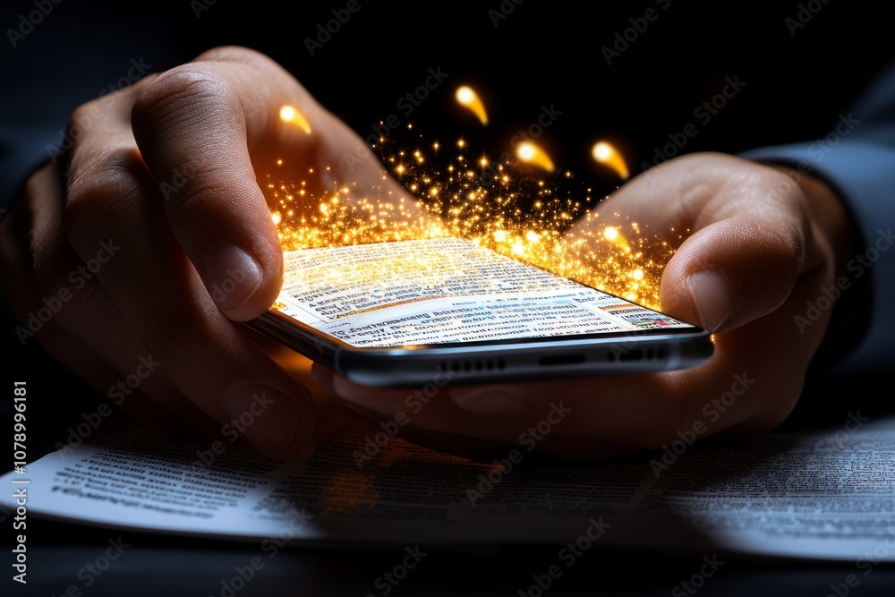 Poster a hyper-realistic close-up of a personâ€™s hand holding a smartphone displaying breaking news, with 