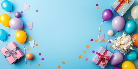 A birthday background with balloons, gifts, and confetti on a blue background.
