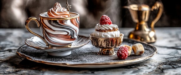 Naklejka premium Elegant Coffee and Dessert on a Marble Tabletop