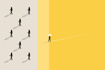 Business woman has to make decision which way to go for his success, Business team or partner go different way, Different or unique concept