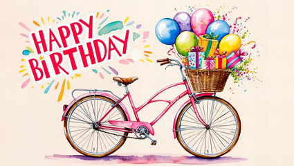 A Festive Birthday Celebration: A colorful and festive image of a bicycle decorated with balloons and gifts. Happy Birthday. Illustration. 1