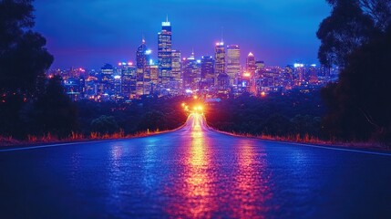 A wet road leads to a city skyline at night.