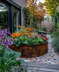A beautiful classic Dutch Garden with a house in the background and modern elements. Perfect for lifestyle magazines and gardening inspo.